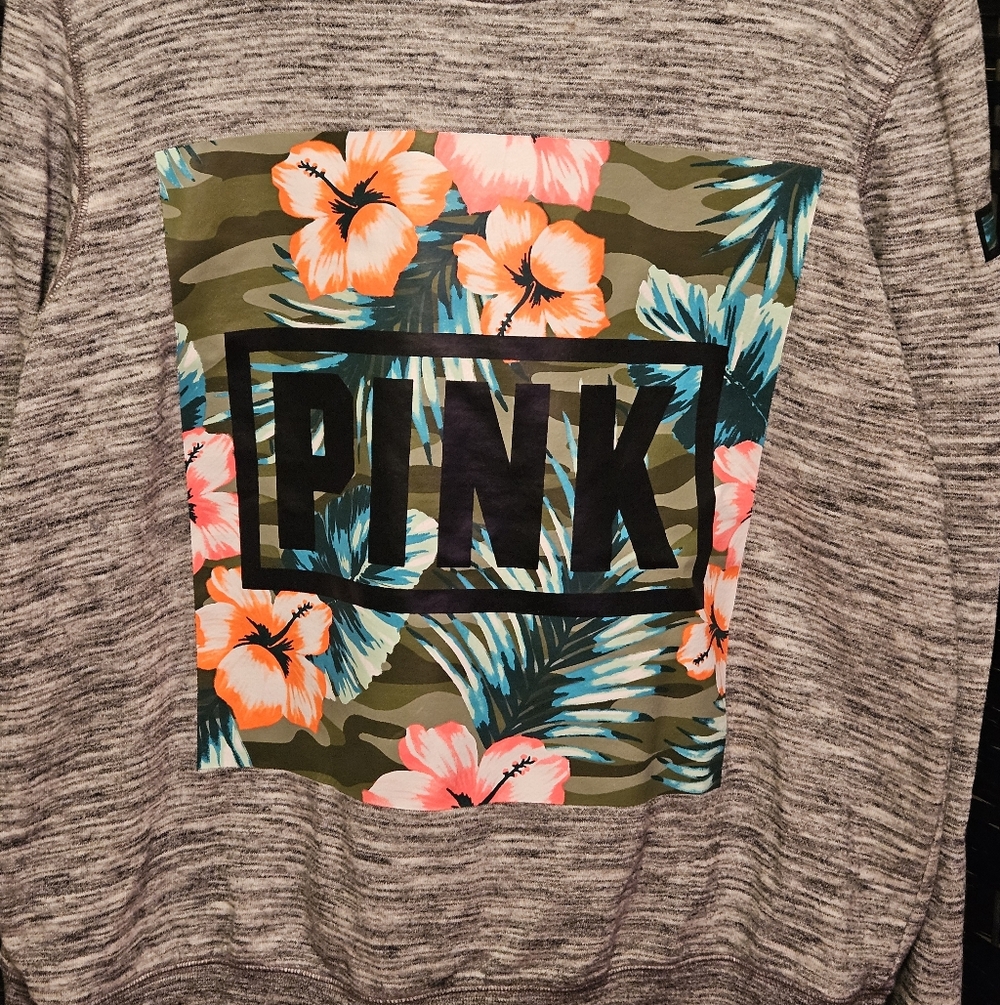 PINK Victorias Secret Logo Sweatshirt Tropical Hibiscus Print - Picture 2 of 6